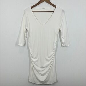 Pink Blush Maternity Dress Ruched V Neck 3/4 Sleeve White Mini Dress Baby Shower